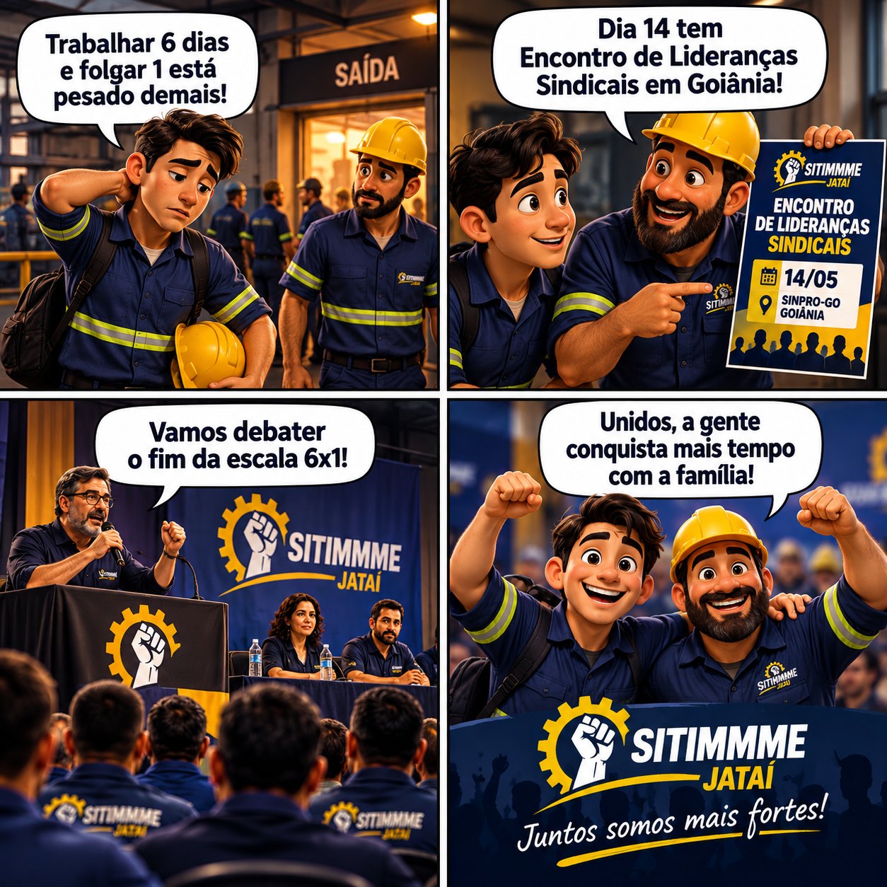 Quadrinho: Encontro de Lideranças Sindicais pelo fim da escala 6x1 - SITIMMME/Jataí