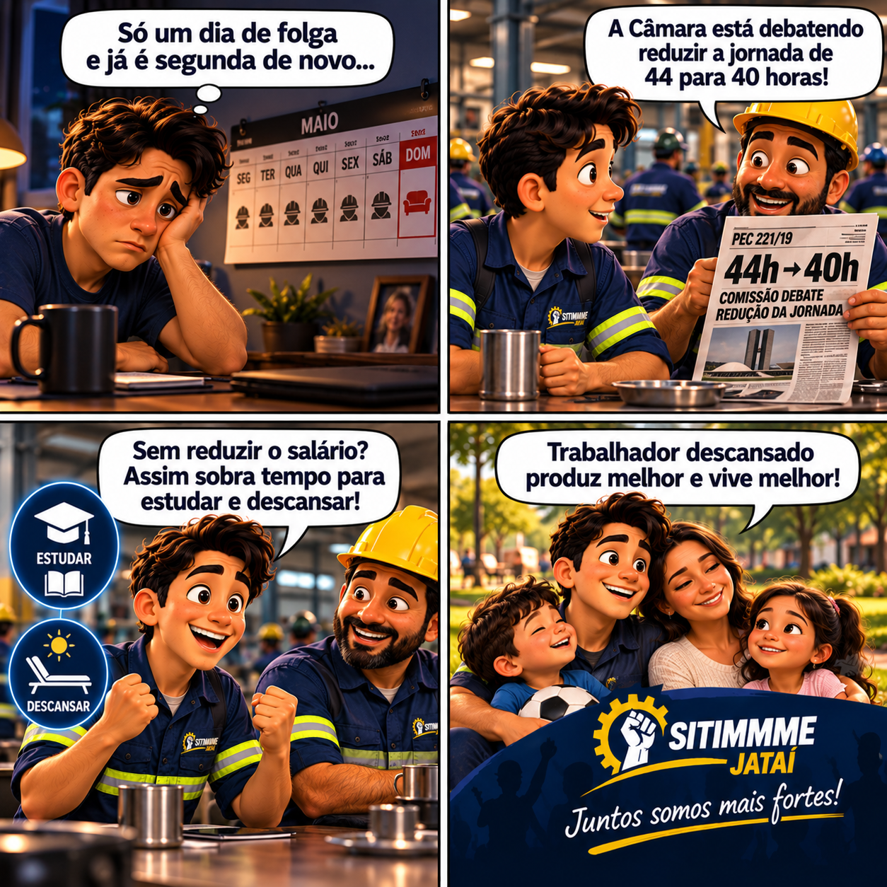 Quadrinho: Fim da escala 6x1 e redução da jornada para 40 horas - SITIMMME/Jataí