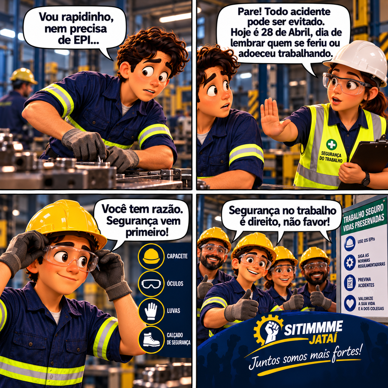 Quadrinho: 28 de Abril, segurança no trabalho é direito - SITIMMME/Jataí