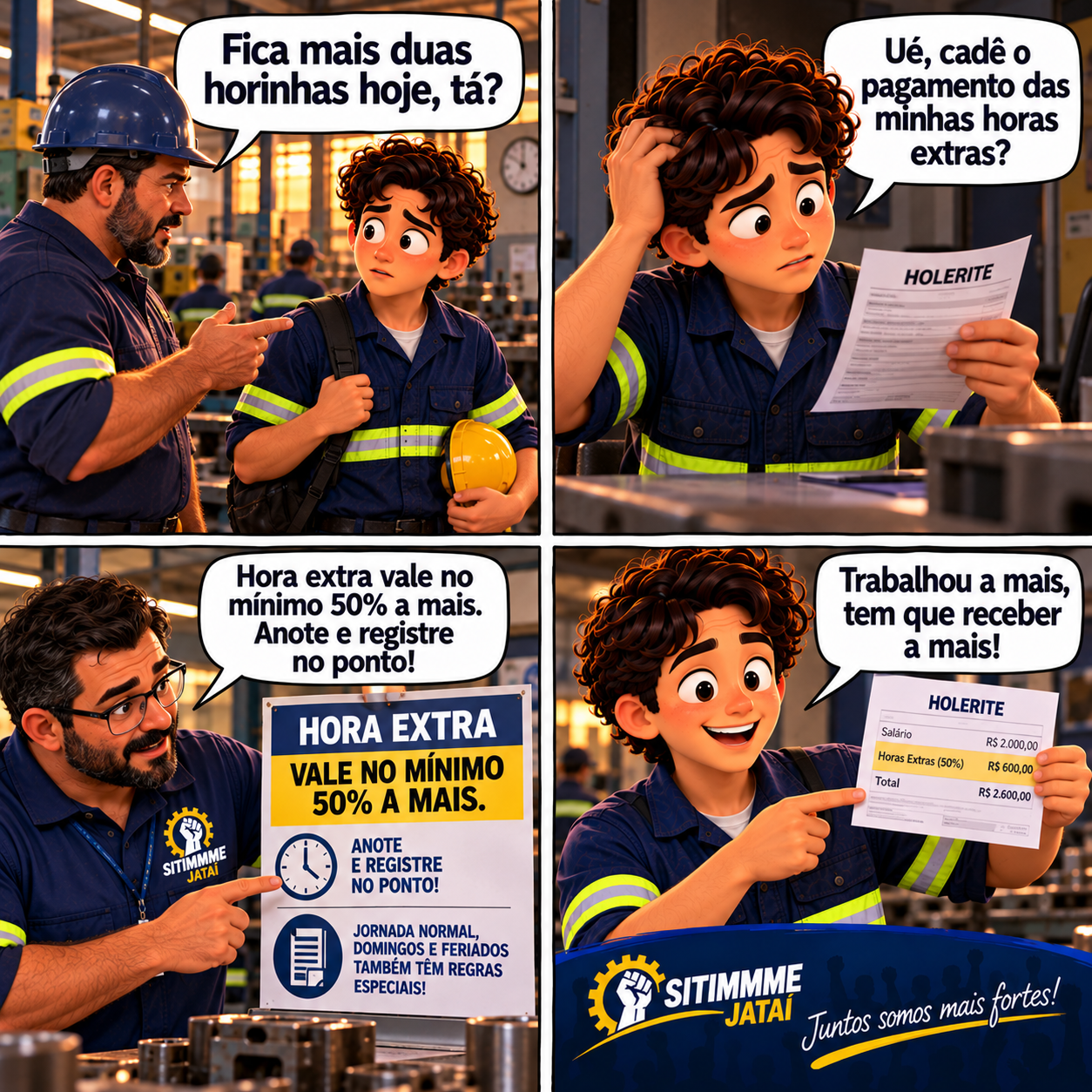 Quadrinho: Hora extra: quando a empresa deve pagar - SITIMMME/Jataí