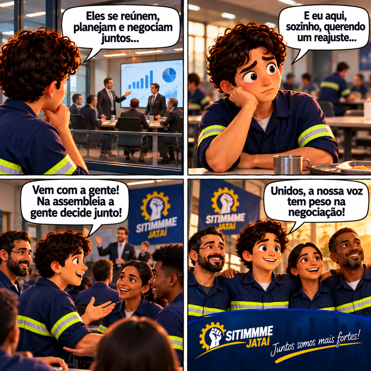 Quadrinho: Trabalhador unido frente ao patrão organizado - SITIMMME/Jataí