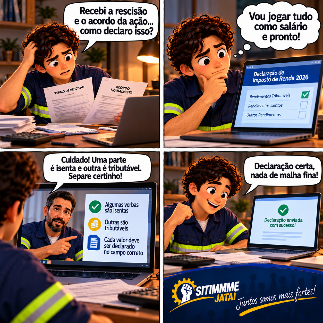 Quadrinho: IR 2026: verbas rescisórias e ações trabalhistas - SITIMMME/Jataí