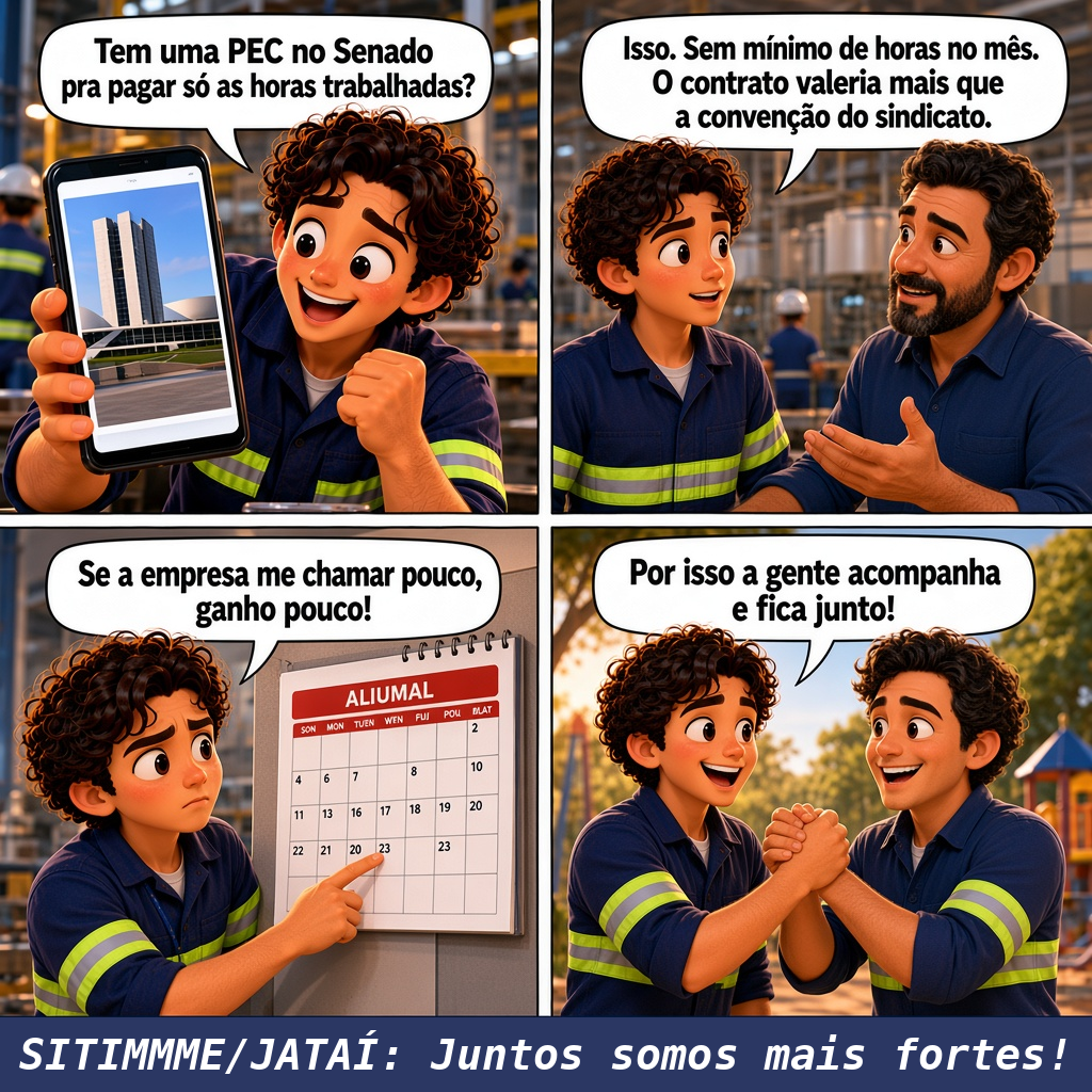 Quadrinho: PEC 12/2026 e jornada por hora - SITIMMME/Jataí