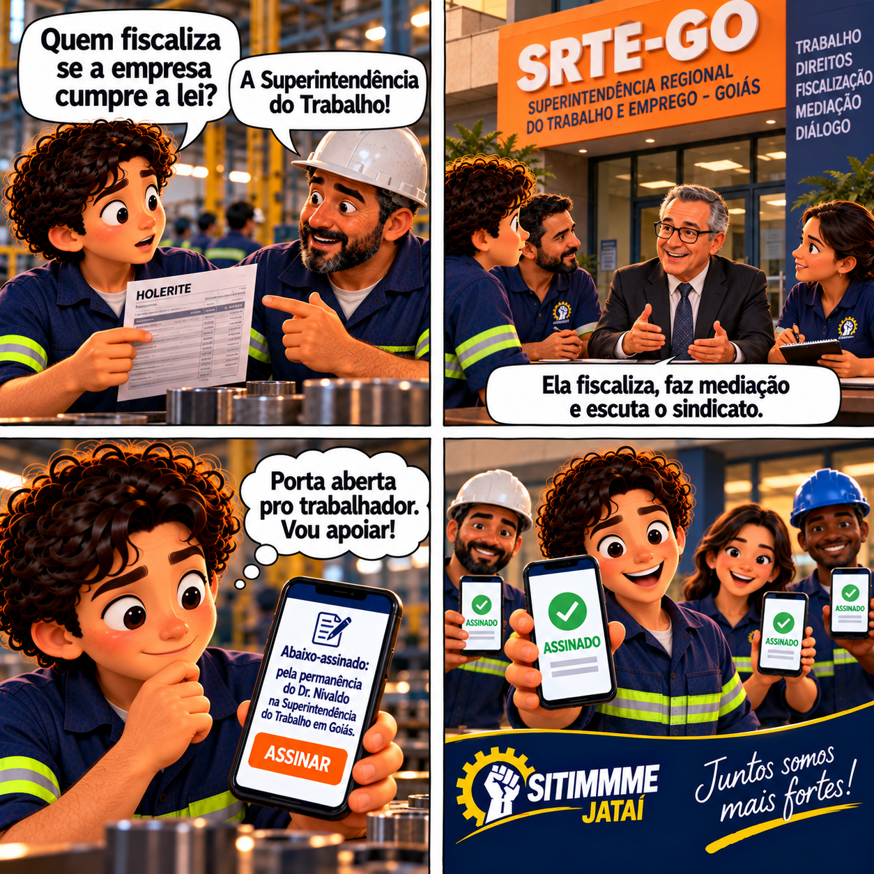 Quadrinho em quatro partes: Jovem trabalhador descobre o que faz a Superintendência do Trabalho e assina o abaixo-assinado pela permanência do Dr. Nivaldo