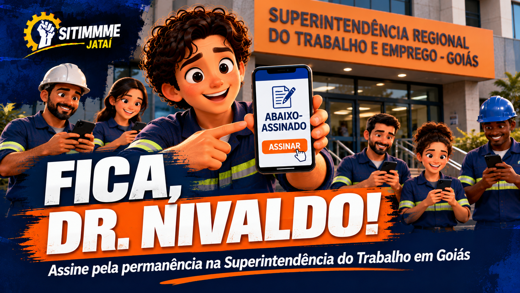 Trabalhador metalúrgico assinando abaixo-assinado no celular em frente à Superintendência Regional do Trabalho e Emprego em Goiás